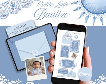 May include: A digital baptism invitation set featuring light blue and white floral patterns, including a tablet displaying a light blue envelope with a wax seal, a polaroid-style photo of a baby, and a smartphone showing invitation templates.