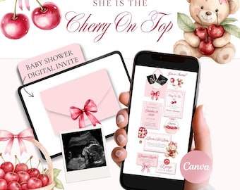 She’s The Cherry On Top Baby Shower Invitation Template Canva, Pink Cherry Baby Shower Digital Invite, Coquette Baby Shower Website w/ RSVP