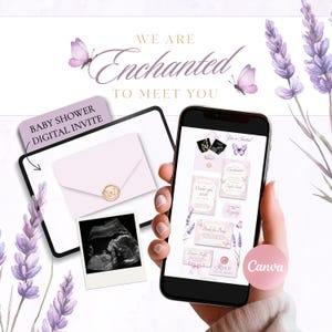 May include: A digital baby shower invitation set featuring lavender floral accents and butterfly graphics. The display shows a light purple envelope with a wax seal, a sonogram photo, and a smartphone screen displaying invitation details with the text WE ARE Enchanted TO MEET YOU.
