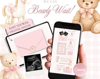 Pink We Can Bearly Wait Baby Shower Invitation Template (Canva), Teddy Bear Baby Girl Digital Invite with RSVP