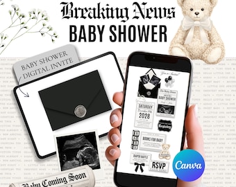 DIGITAL Newspaper Baby Shower Invitation Template (Canva), Breaking News Gender Neutral Theme, Vintage Invite, Interactive Website w RSVP