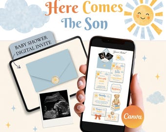 Retro Here Comes The Son Baby Shower Invitation Template Canva, Sunshine Baby Boy Invite, Groovy Sun Theme, Editable Digital Invite w/ RSVP