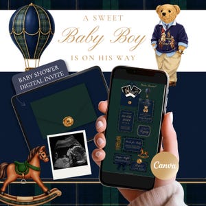 Preppy Polo Baby Boy Invitation Template Canva, Luxury Teddy Bear Baby Shower Invite, Equestrian Plaid Digital Invitation Website