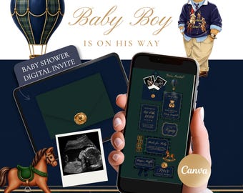 Preppy Polo Baby Boy Invitation Template Canva, Luxury Teddy Bear Baby Shower Invite, Equestrian Plaid Digital Invitation Website