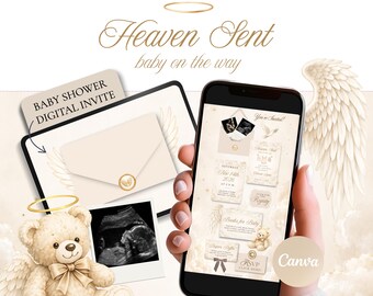 May include: A digital baby shower invitation template featuring a cream-colored envelope with a gold wax seal, a teddy bear with angel wings, and a halo. The smartphone screen displays invitation details, including a sonogram image and text.