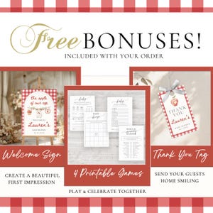 May include: A digital promotional graphic featuring a red and white gingham border. It displays a welcome sign with an apple illustration, four printable baby shower games, and a thank you tag with a ribbon, all labelled with text including FREE BONUSES.