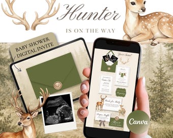 Deer A Little Hunter Baby Shower Invitation Template Canva, Duck Baby Shower Digital Invite, Rustic Woodland Baby Shower Website with RSVP