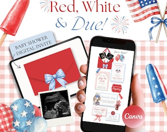 Red White & Due Baby Shower Invitation Template Canva, 4th of July Baby Shower Invite, Patriotic Gender Neutral Digital Invite with RSVP