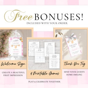 Puede incluir: Imagen promocional para un baby shower, con un letrero de bienvenida, juegos imprimibles y etiquetas de agradecimiento. El dise&ntilde;o incluye un fondo a rayas rosas y blancas, con el texto "Free Bonuses!" y "Welcome Sign".