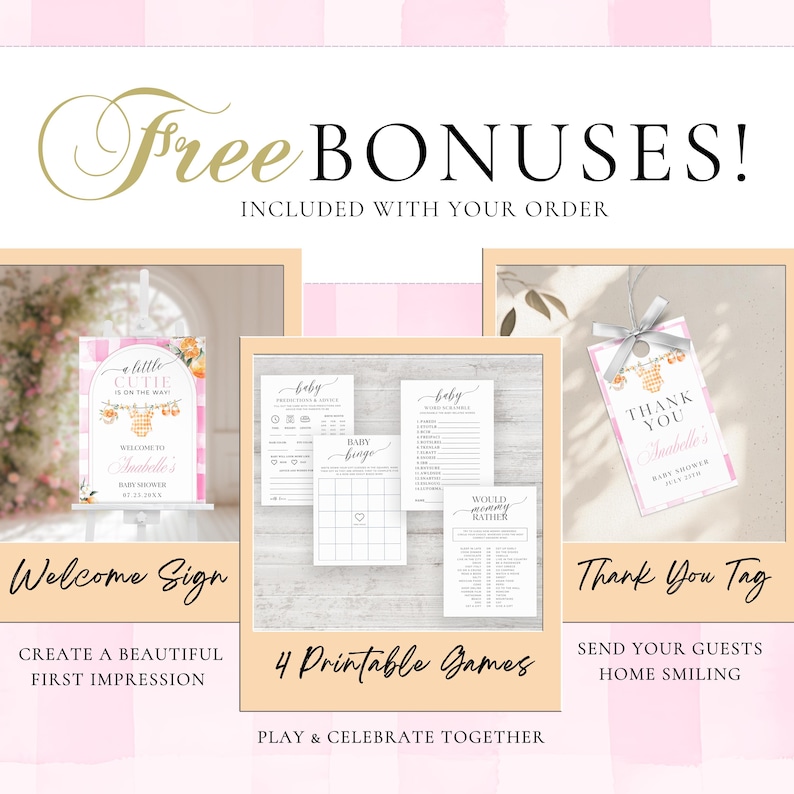 Puede incluir: Imagen promocional para un baby shower, con un letrero de bienvenida, juegos imprimibles y etiquetas de agradecimiento. El dise&ntilde;o incluye un fondo a rayas rosas y blancas, con el texto "Free Bonuses!" y "Welcome Sign".