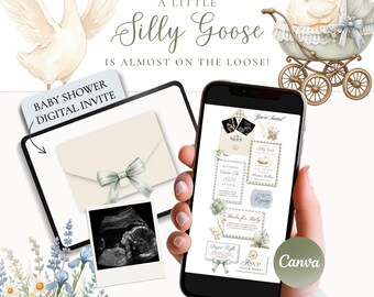 A Silly Goose Baby Shower Invitation Template Canva, Baby Boy Goose Digital Invite, Vintage Blue and Green Goose Baby Shower Website w/ RSVP
