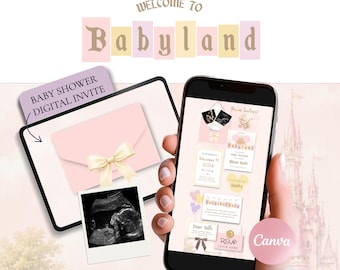 Pink Babyland Invitation Template Canva, Fairytale Baby Shower Invite, Princess Castle Digital Invitation Website with RSVP