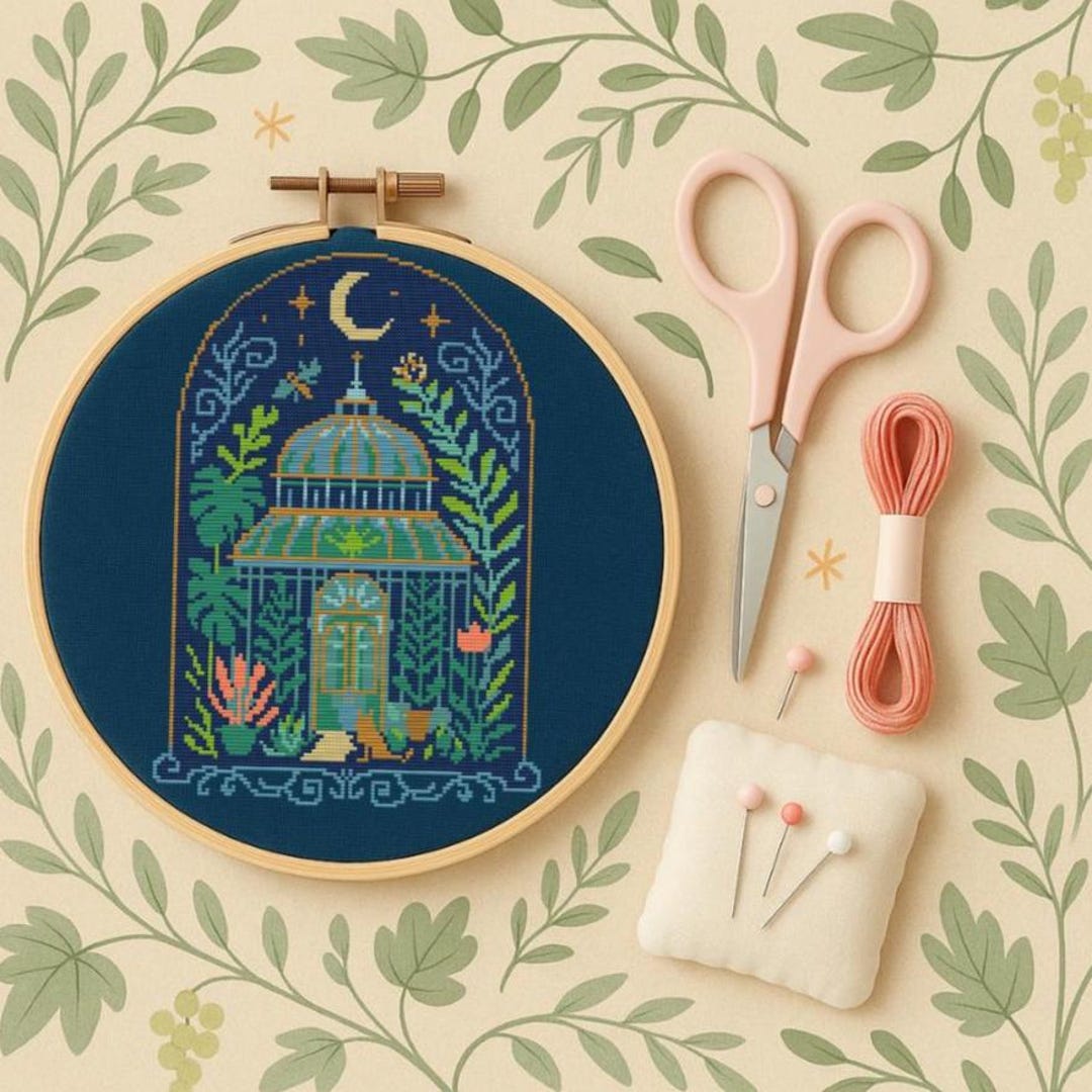 Greenhouse Pattern Greenhouse Cross Stitch Pattern | Botanical Moonlit Garden PDF | Modern ...