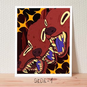 May include: Illustration of two cartoonish, snarling animals with open mouths, revealing blue tongues and yellow teeth. The artwork is primarily brown and features yellow starburst shapes against a dark background. The text "SIDE-1" is at the bottom.