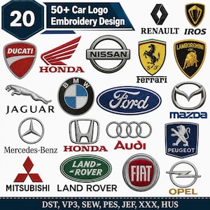 May include: An image showcasing embroidered car logos, such as Ferrari, Ford, and Honda. The design includes various car brand emblems in different shapes and colours, with the text "50+ Car Logo Embroidery Design" at the top.