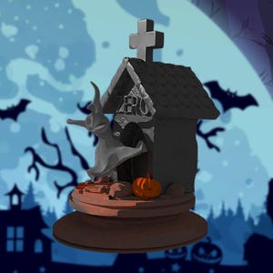 以下が含まれることがあります： ハロウィーンをテーマにした装飾品。十字架、"ZERO"の文字、幽霊の姿が描かれたミニチュア墓石。オレンジ色のカボチャも近くにあります。ベースは茶色で、背景は青と黒です。