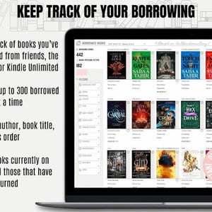 May include: A laptop screen displaying a digital book tracking application titled KEEP TRACK OF YOUR BORROWING. The interface shows a grid of book covers, filter options, and text lists for managing borrowed books from friends, libraries, or Kindle Unlimited.
