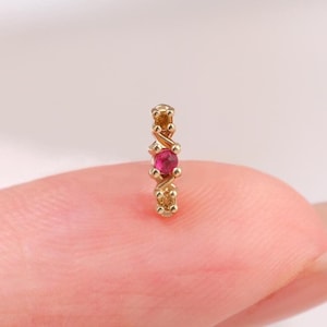 14K Solid Gold Bar Gemstone Stud Earring/Ruby Cartilage Earring/Threadless Push Pin Earring/Citrine Helix Conch Stud/Labret Piercing Stud
