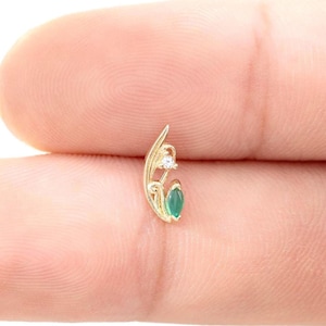 14K Solid Gold Chrysoprase Leaf Climber Stud Earring/Floral Moissanite Stud/Plant Gemstone Conch Helix Daith Piercing/Flat Back Earring