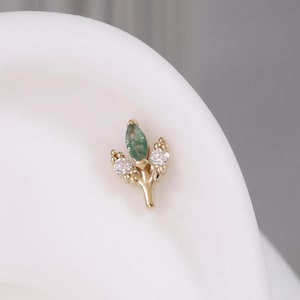 14K Solid Gold Leaf Stud Earring/Moss Agate Cartilage Earring/Moissanite Helix Conch Tragus Stud/Threadless Push Pin/Nose Stud/Flat Back
