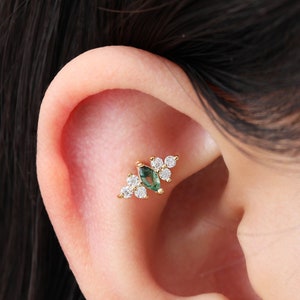 14K Solid Gold Moosachat Ohrstecker/London Blue Topas Knorpel Piercing/Threadless Push Pin Bolzen/Helix Conch Ohrring/Flat Back Ohrring