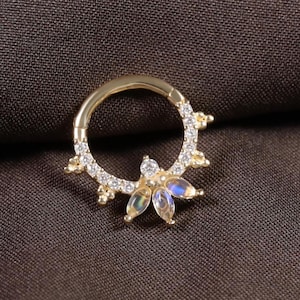 14K Solid Gold Moonstone Clicker Ring/Moissanite Septum Hoop/Moonstone Conch Daith Helix Nose Piercing Jewelry/Cartilage Hoop Clicker 16g