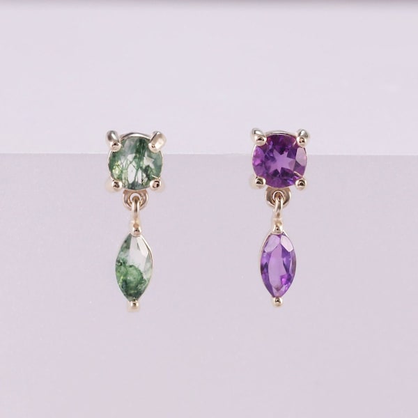 14K Solid Gold Amethyst Drop Earring/Marquise Moss Agate Dangle Piercing/Cartilage Jewelry/Flat Back Earring/Threadless Stud/Conch Earring