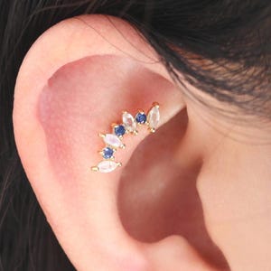 14K Solid Gold Labradorite Climber Stud Earring/Blue Sapphire Cartilage Piercing Stud/Helix Conch Tragus Stud/Threadless Push Pin