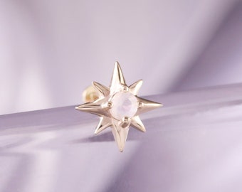 14K Solid Gold Moonstone Star Stud Earring/Threadless Starburst Cartilage End/Flat Back Earring/Helix/Tragus/Conch/Rose Cut Moonstone Stud