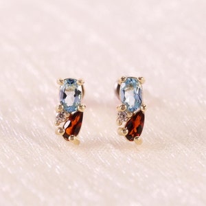 14K Solid Gold Swiss Blue Topaz Stud Earring/Red Garnet Helix Stud/Moissanite Conch Ear/Threadless Push Pin/Tragus Earring/Flat Back Earring