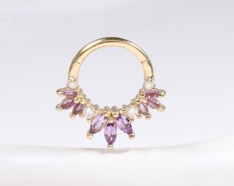 14K Solid Gold Floral Amethyst Huggie Clicker, Moissanite Helix Segment Seamless Ring, Flower Daith Septum Ring, Conch Hinged Hoop Clicker