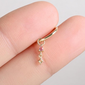 14K Solid Gold Pink Tourmaline Clicker Charm, Dangle Celestial Star Helix Hoop Charm, Dainty Gemstone Cartilage Earlobe Bar Piercing Gift