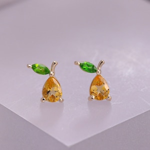 14K Solid Gold Cute Pear Stud Earring/Citrine Earring/Fruit Ear Stud/Conch/Tragus/Helix Cartilage Piercing/Flat Back Earring/Threadless Stud