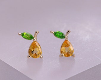 14K Solid Gold Cute Pear Stud Earring/Citrine Earring/Fruit Ear Stud/Conch/Tragus/Helix Cartilage Piercing/Flat Back Earring/Threadless Stud