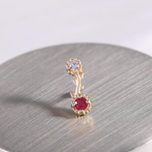 14k Solid Gold Ruby Rose Branch Earring/Tanzanite Floral Cartilage Earring/Gemstone Helix Conch Stud/Gold Tragus Earring/Threadless Push Pin