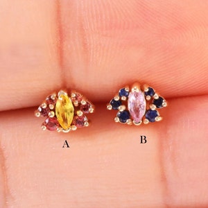 14K Solid Gold Pink Sapphire/Yellow Sapphire Cluster Earring/Blue Sapphire/Orange Sapphire Stud/Cartilage Threadless Stud/Flat Back Earring