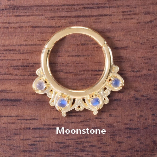 14K Solid Gold Moonstone Clicker/Moonstone Septum Ring/Moonstone Cartilage Hoop/Dainty Nose Ring/Moonstone Conch Hoop/Daith Huggie Ring 16g