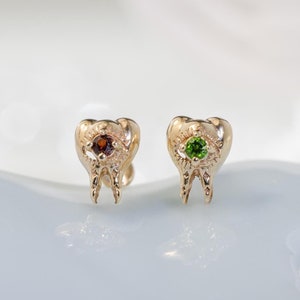 14K Solid Gold Garnet Teeth Stud Earring/Chrome Diopside Cartilage Piercing/Threadless Push Pin/Helix Conch Stud/Flat Back Stud/Labret Stud