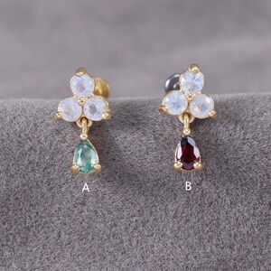 14K Solid Gold Moss Agate Drop Earring/Moonstone Pear Dangle Piercing/Garnet Cartilage Conch Stud/Flat Back Earring/Threadless Push Pin