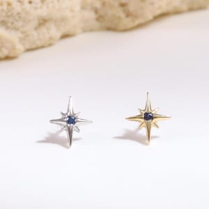 May include: Two star-shaped stud earrings, one in silver and one in gold, each featuring a small, dark blue circular gemstone at the center. The earrings have four elongated points extending from the middle, creating a classic celestial design.