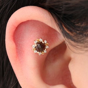 14K Solid Gold Smoky Quartz Stud Earring/Dainty Gemstone Floral Stud/Threadless Push Pin/Conch Helix Cartilage Piercing/Flat Back Earring