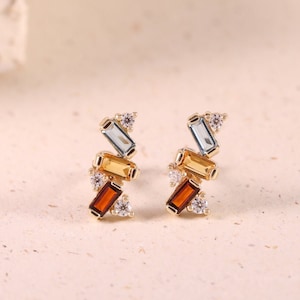 14K Solid Gold Baguette Garnet Cartilage Earring/Deep Citrine Stud/London Blue Topaz Helix Stud/Gemstone Conch Earring/Flat Back Earring