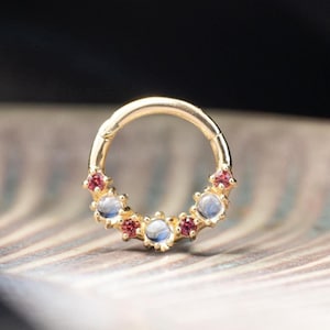 14K Solid Gold Moonstone Clicker/Gold Daith Hoop/Orange Sapphire Septum Ring/Nose Ring/Gold Helix Ring/Nose Piecing/Gold Conch Ring 16g