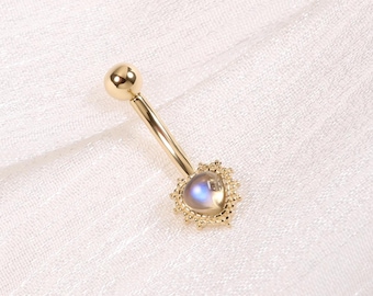 14K Solid Gold Heart Shape Moonstone Rook Ring/Dainty Gemstone Curved Bar Navel Jewelry