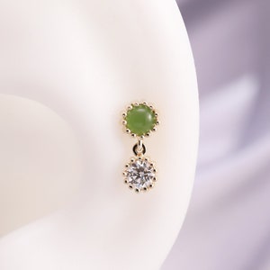 14K Solid Gold Jade Threadless Push Pin Labret Stud Earring/Dangle Cartilage Earring/ Flat Back Earring/Gold Helix Conch Tragus Piercing
