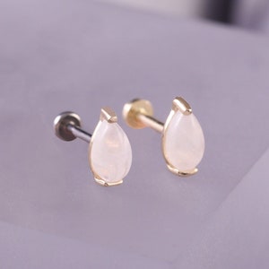 14K Solid Gold Teardrop Moonstone Stud Earring/Pear Shape Moonstone Stud/Threadless Push Pin Earring/Moonstone Helix Conch Stud Piercing