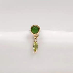 14K Solid Gold Round Jade Helix Stud Earring/ Dangle Marquise Peridot Cartilage Threadless Pin/ Dainty Gemstone Earlobe Tragus Piercing