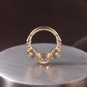 14K Solid Gold Moonstone Daith Hoop Clicker/Moissanite Septum Ring/Round Huggie Hoop Clicker Earring/Nose Ring/Gold Daith Piercing 16g
