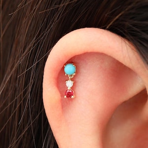 14 kt massief gouden turkoois hanger/rode spinel druppeloorbel/conch helix piercing/moissanite stud/draadloze push pin/platte achterkant oorbel