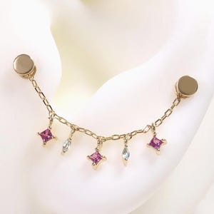 14k Solid Gold Rhodolite Garnet Chain Attachment/London Blue Topaz Dangle Piercing/Linking Chain Connector/Loop Chain Charm/Cartilage Charm